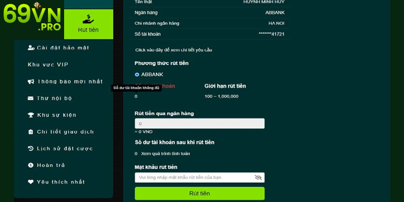 Lệnh rút tiền tại nhà cái 69VN